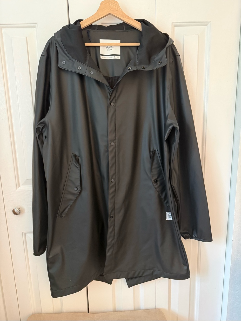 Men's Black Waterproof Hooded Raincoat with Snap Closure